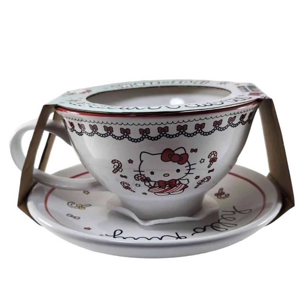 Hello Kitty Tea Cup & Saucer Set 12oz Silver Buffalo Holiday Candy Cane SIL34783